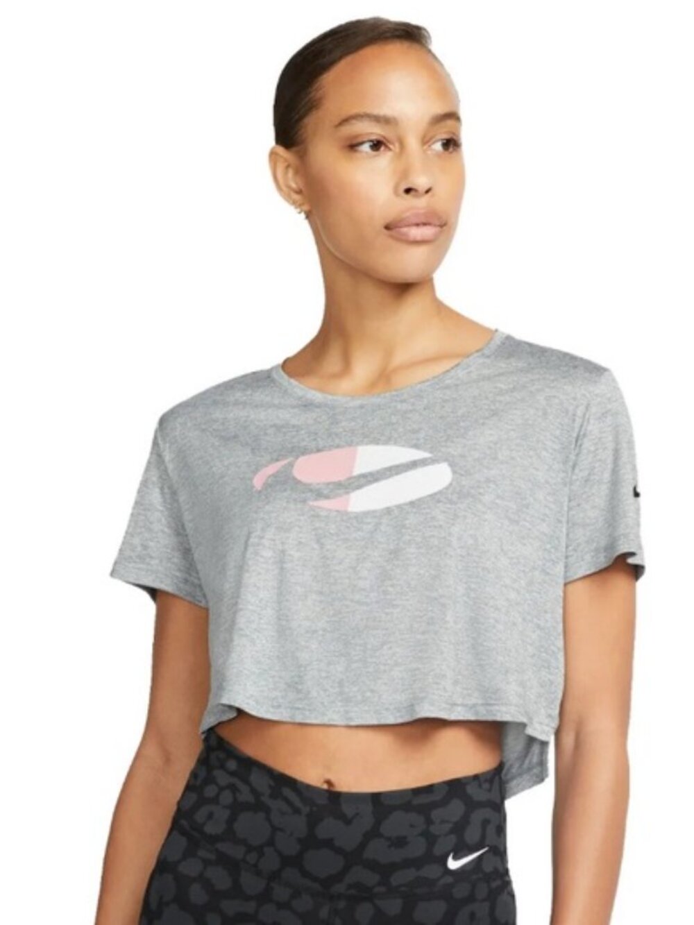 Nike Dri-FIT Women’s Plus 1X Cropped Top Gray Logo Check Short Sleeve T-Shirt